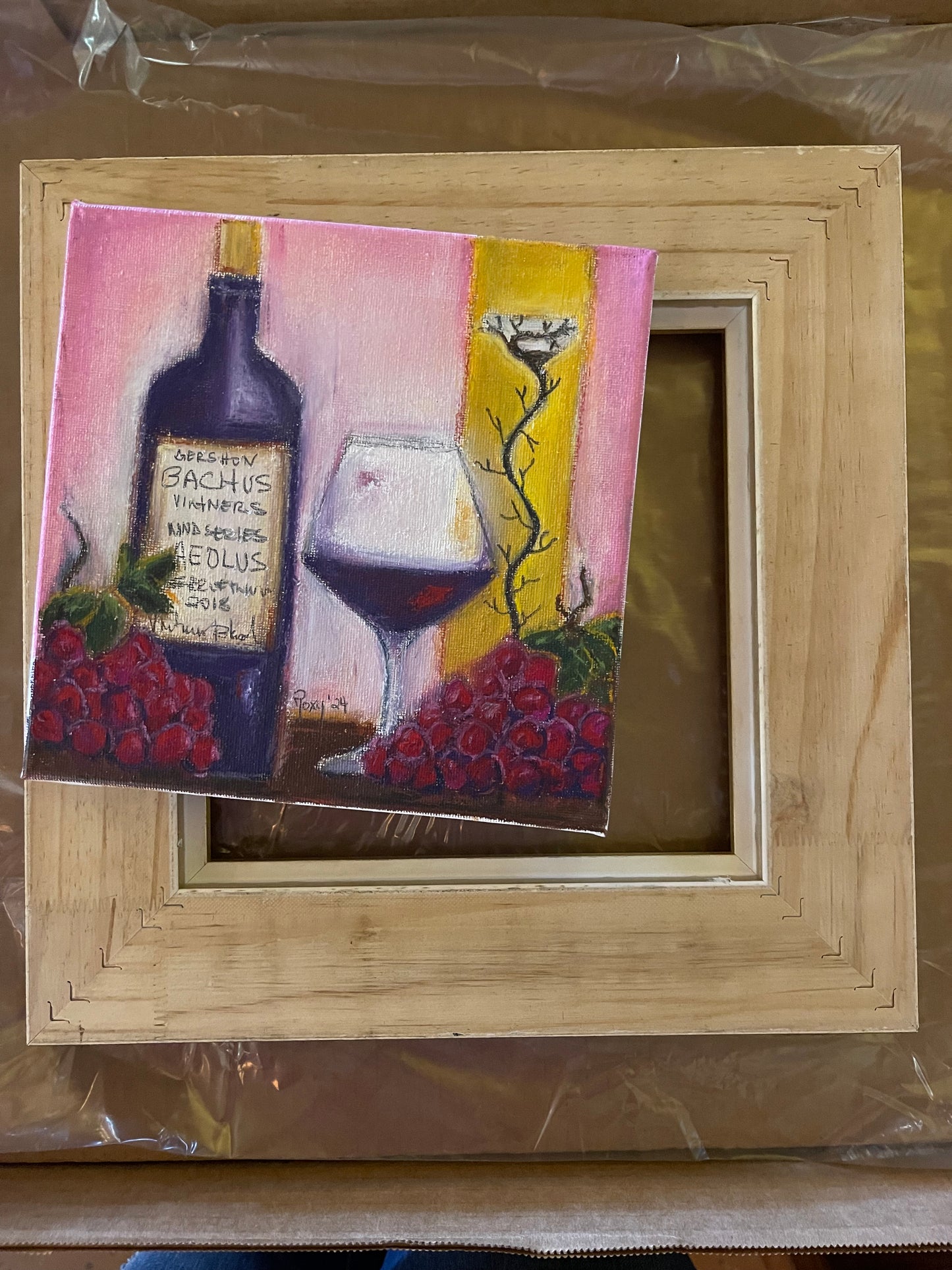 Aeolus : GBV vin et raisins Peinture pastel à l’huile originale 8 x 8 Encadrée