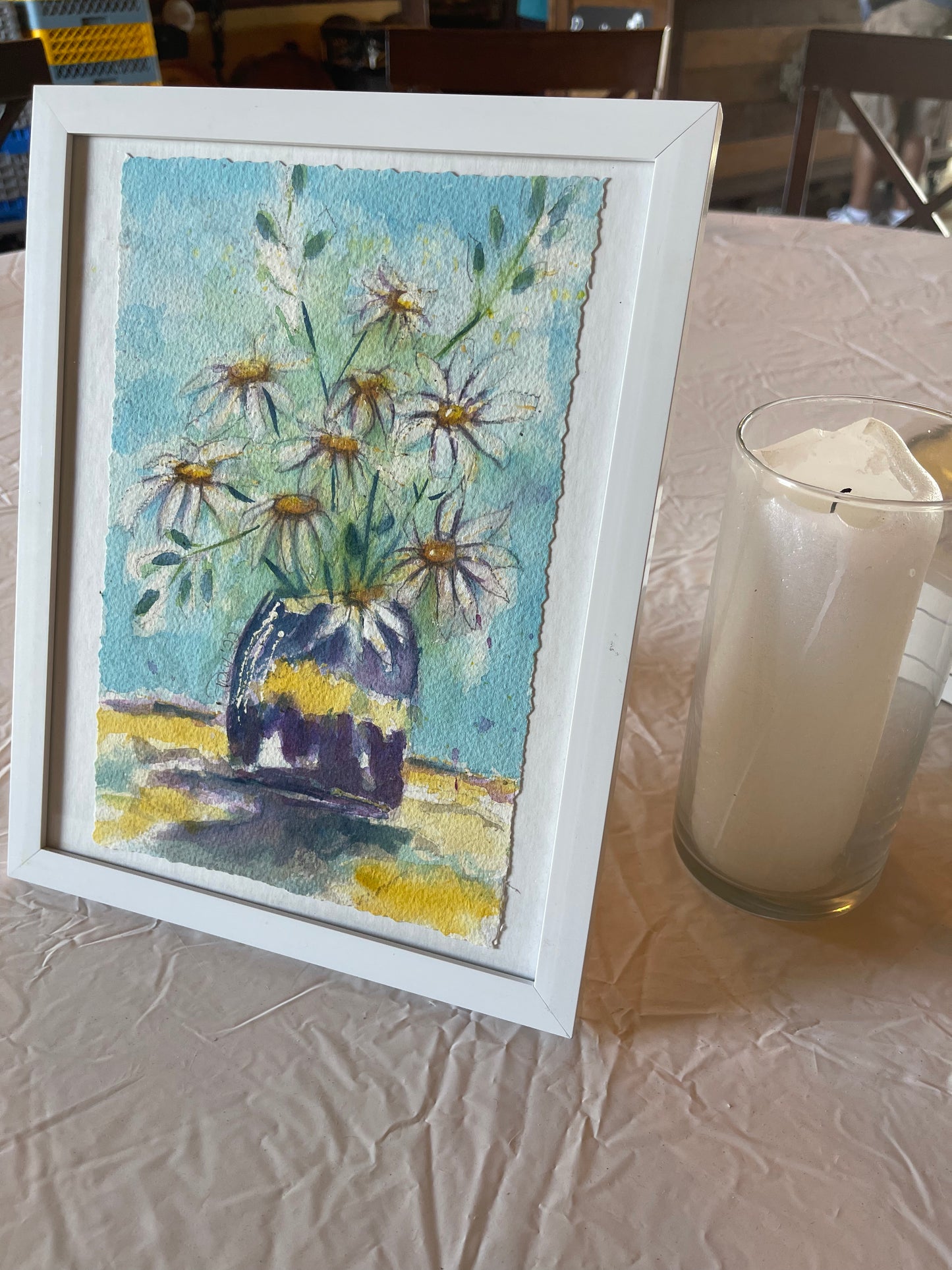 Daisies in a Purple Vase Original Watercolor Painting 8 x 10 Framed