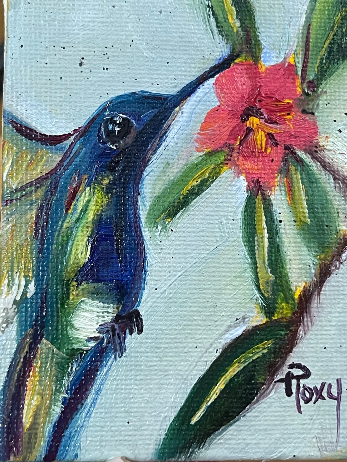 Little Blue Hummingbird -Original Miniature Hummingbird Oil Painting with Stand