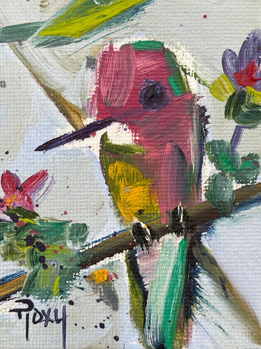 Colorful Anna’s -Original Miniature Hummingbird Oil Painting with Stand