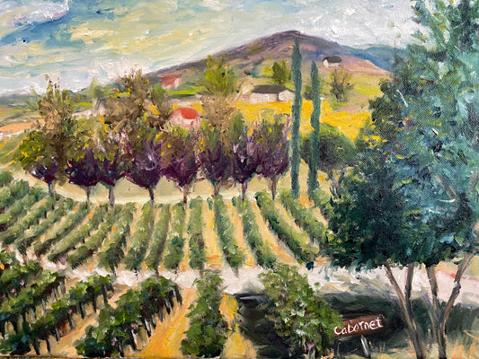 Cabernet Lot en Oak Mountain Winery, pintura de paisaje al óleo original de Temecula enmarcada