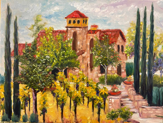 Lorimar Winery-Original Impresionismo Contemporáneo Pintura de Paisaje Al Óleo Enmarcada