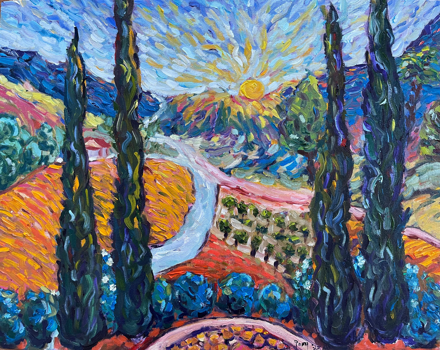 Cyprès ensoleillés-Peinture originale de paysage à l’huile 16 x 20 encadrée