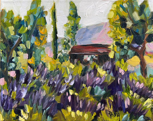 Temecula Lavender Farm Peinture à l’huile originale 8 x 10 Encadrée