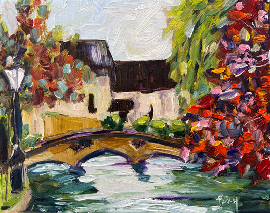 Autumn in Bourton on the Water Cotswolds Original Oil Painting 8 x 10 Framed