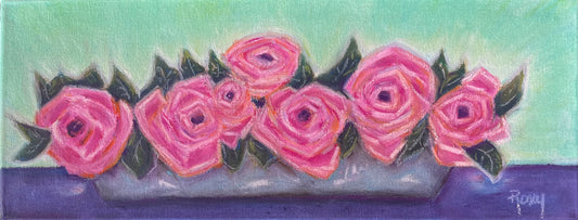 Boîte pleine de roses-Peinture pastel à l’huile originale 8 x 20 encadrée