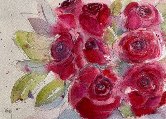 Pintura original de acuarela de rosas rojas enmarcada
