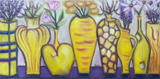 Yellow Vases-Original Oil Pastel Painting 10 x 20 Framed