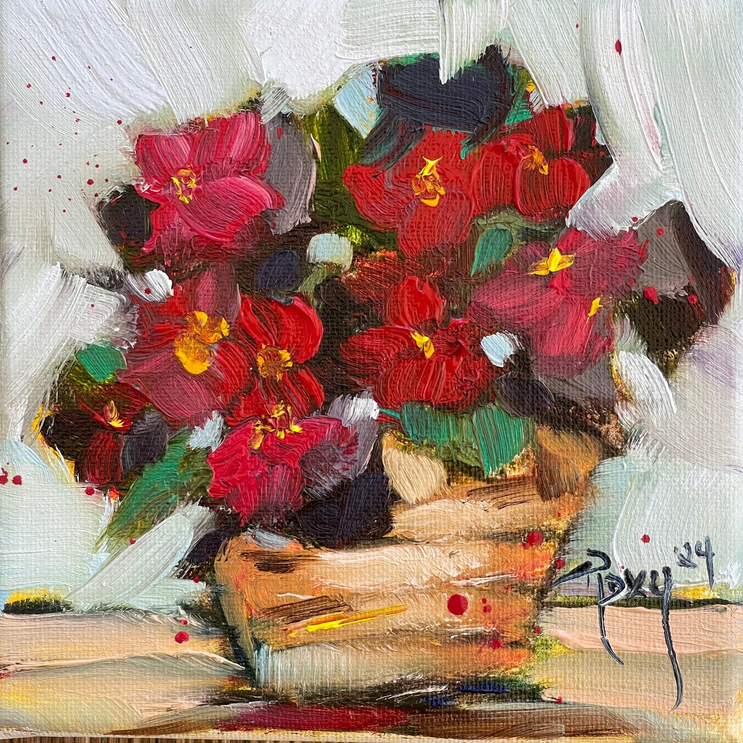 Wax Begonias in a Basket-Original Oil Painting 6in x 6in