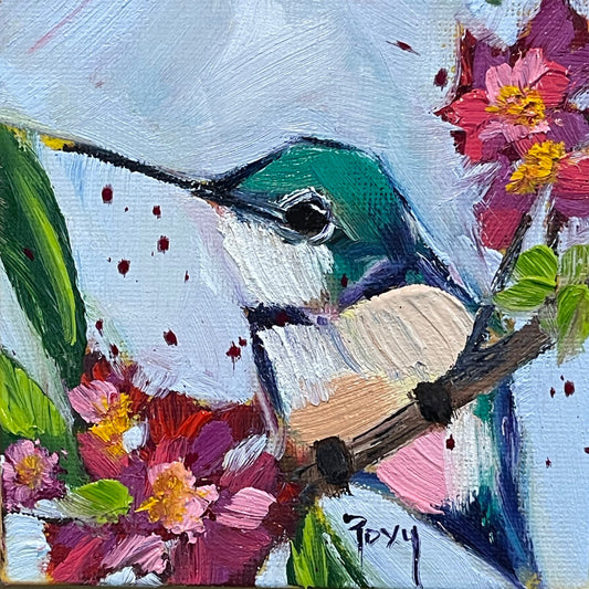 Curious Little Hummingbird Original Oil Painting 4x4 Framed