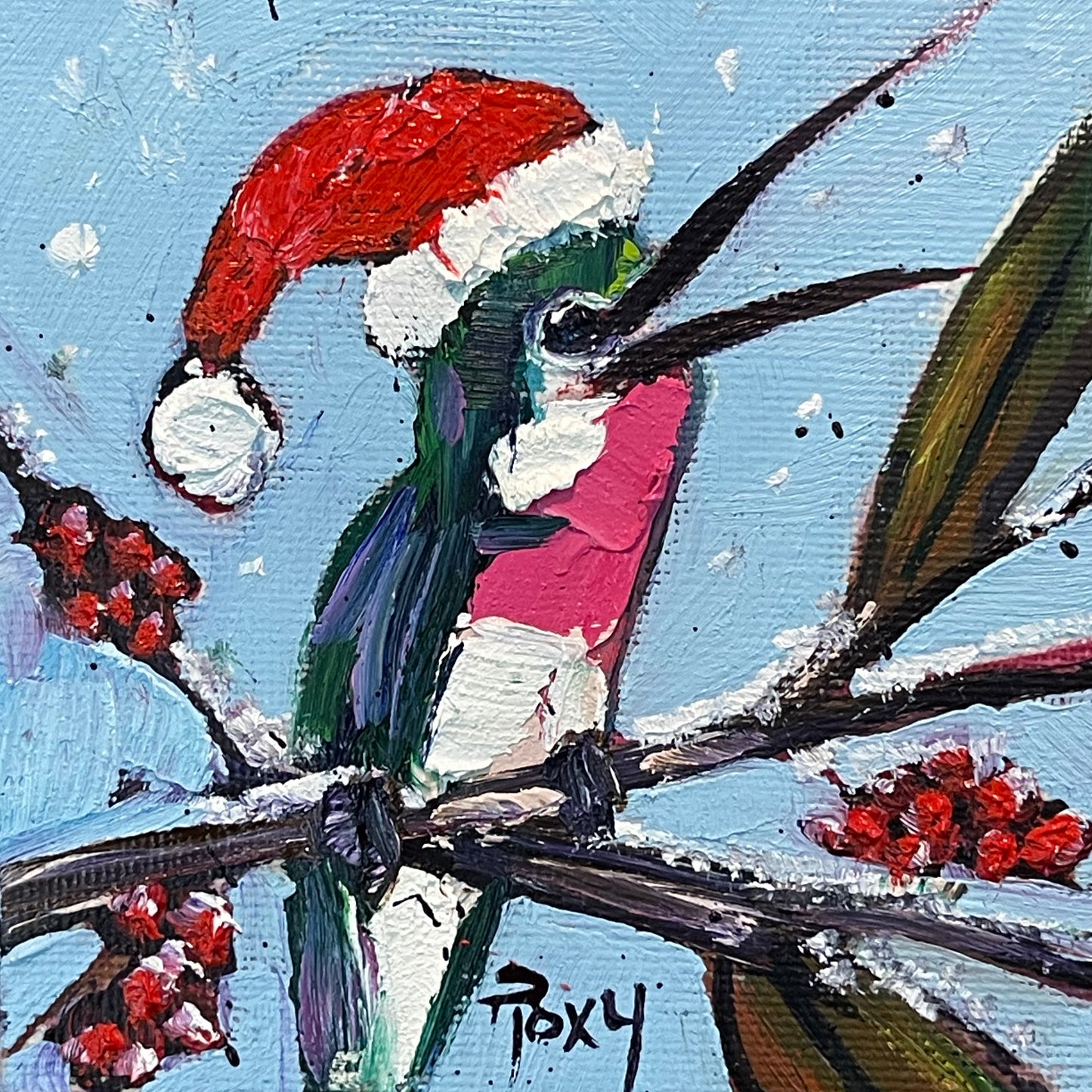 Merry and Bright Holiday Hummingbird Original Oil Painting 4x4 Framed