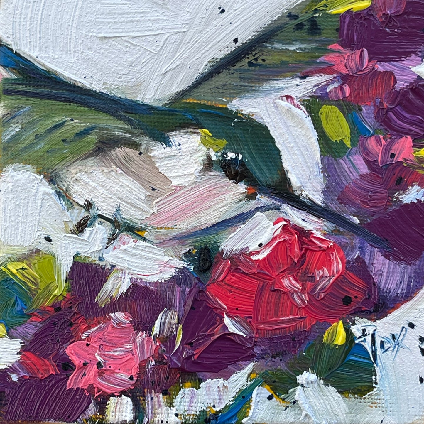 Floating on Flowers Hummingbird Original Oil Painting 4x4 Framed