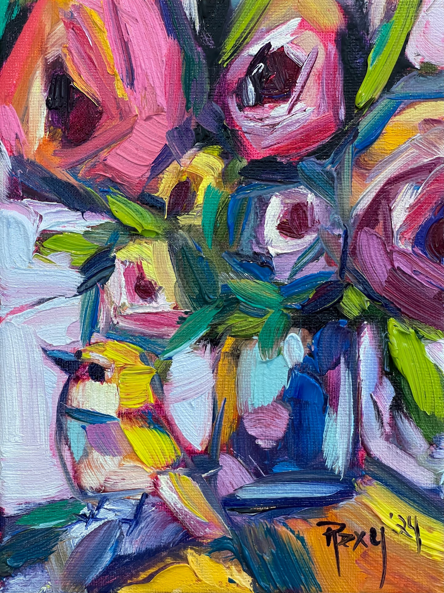 Abstract Roses and Bird Original Oil Painting 6x8 Unframed