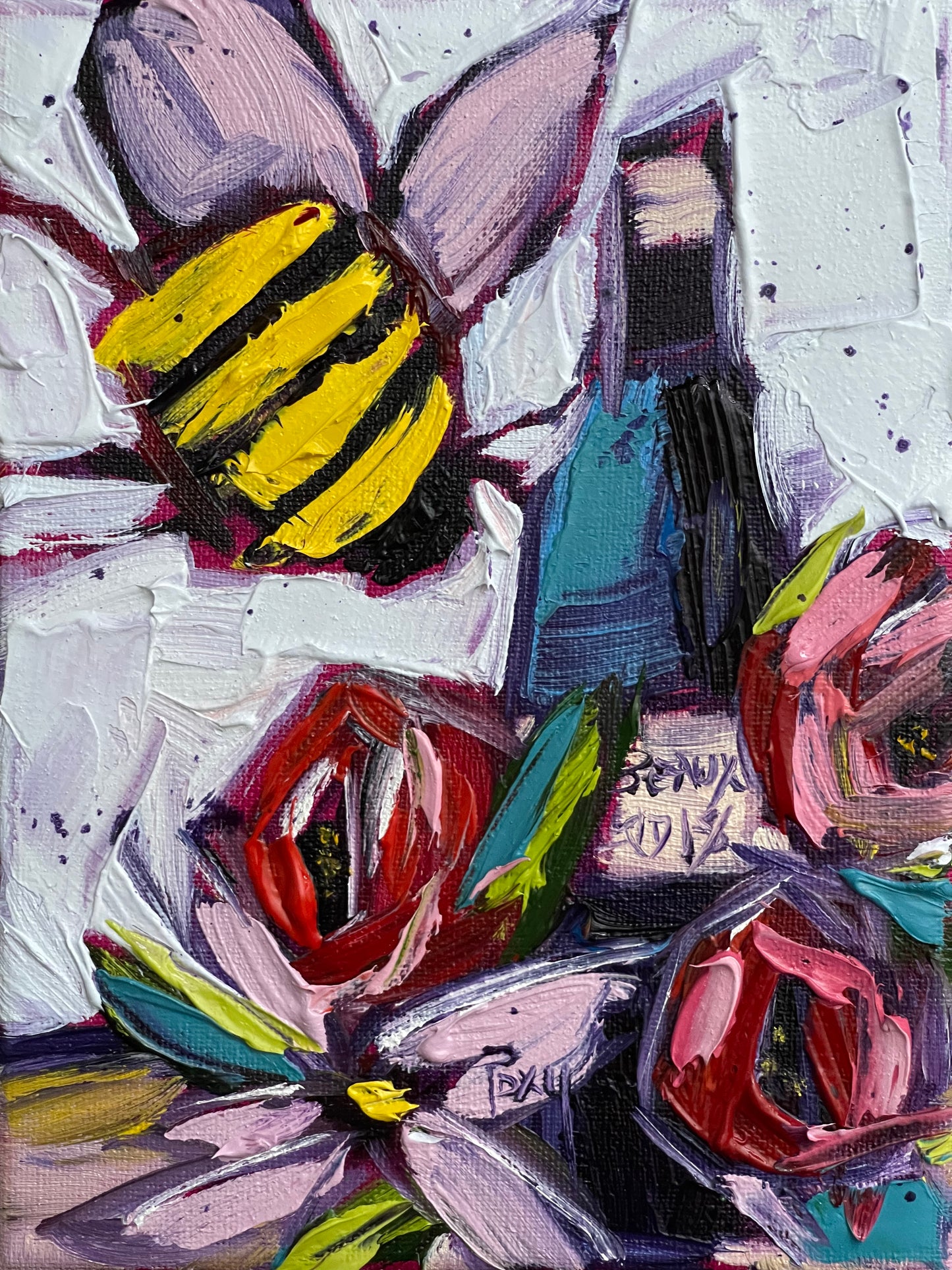 Bee Happy (Bee Wine & Roses) Original Oil Painting 6x8 Unframed