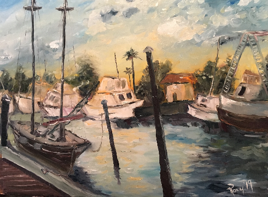 Jeanne's Harbor-Original Harbor Boats Pintura al óleo enmarcada