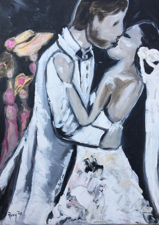 Enfin, peinture originale des mariés et des mariés s'embrassant encadrée
