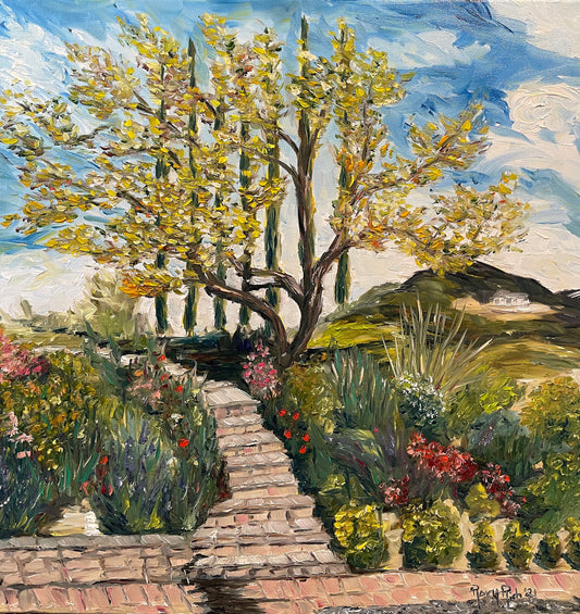 Olivier et marches du jardin à Gershon Bachus Vintners-Original Impressionnisme contemporain Peinture à l’huile de paysage encadrée