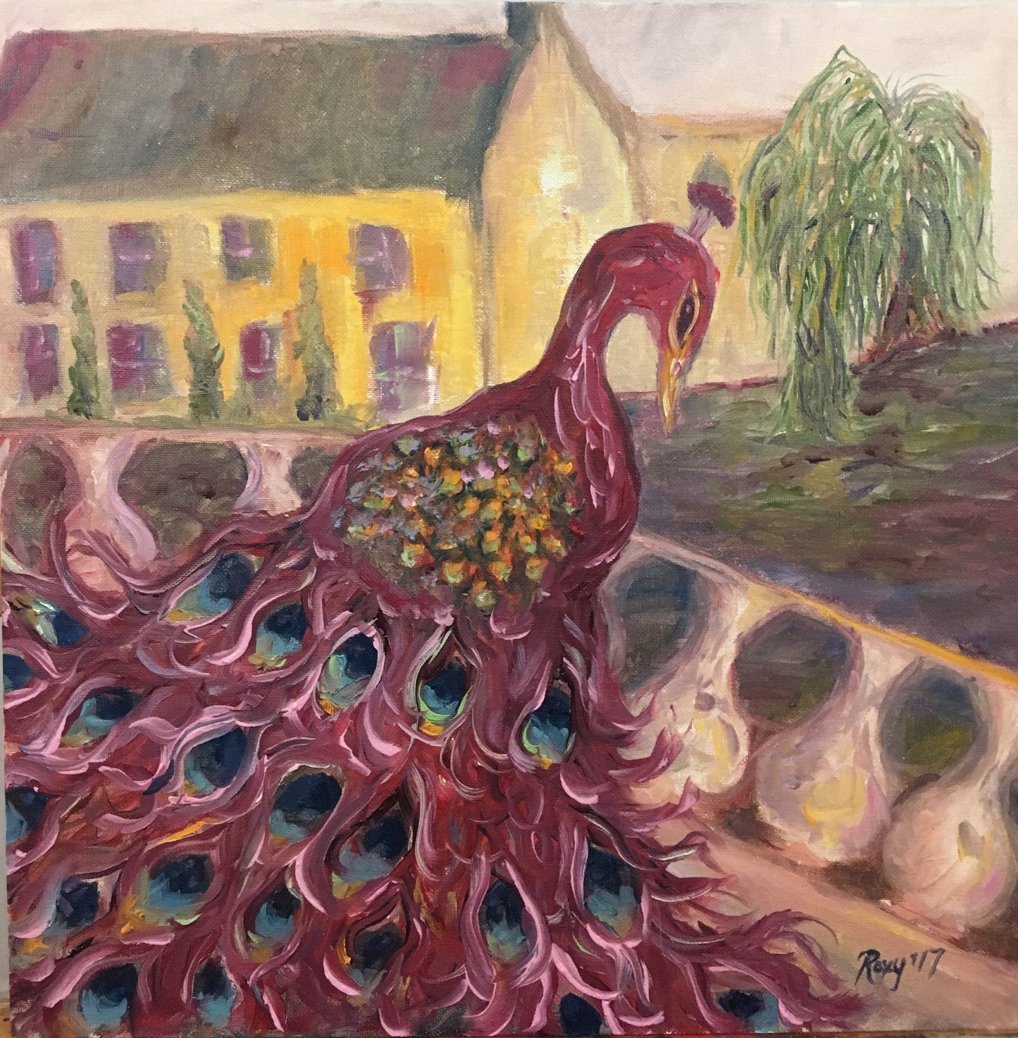 Amenaza residente (pavo real) -Pintura al óleo original de Cotswold enmarcada