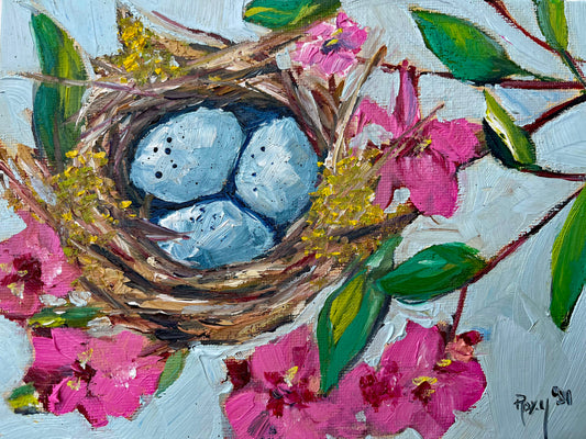 Robin’s Nest avec œufs Peinture à l’huile originale 6x8 Encadrée