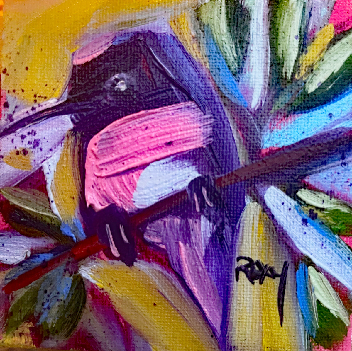 Hazy Morning Hummingbird  Original Oil Painting 4x4 Framed