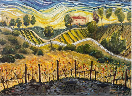 Coucher de soleil à la villa (Gershon Bachus Vintners) Peinture originale de paysage à l’huile encadrée