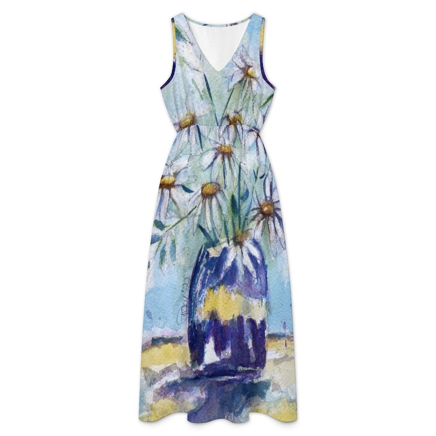 Women's  Sleeveless V-neck Midi Dress with Pockets-Daisies in a Purple Vase