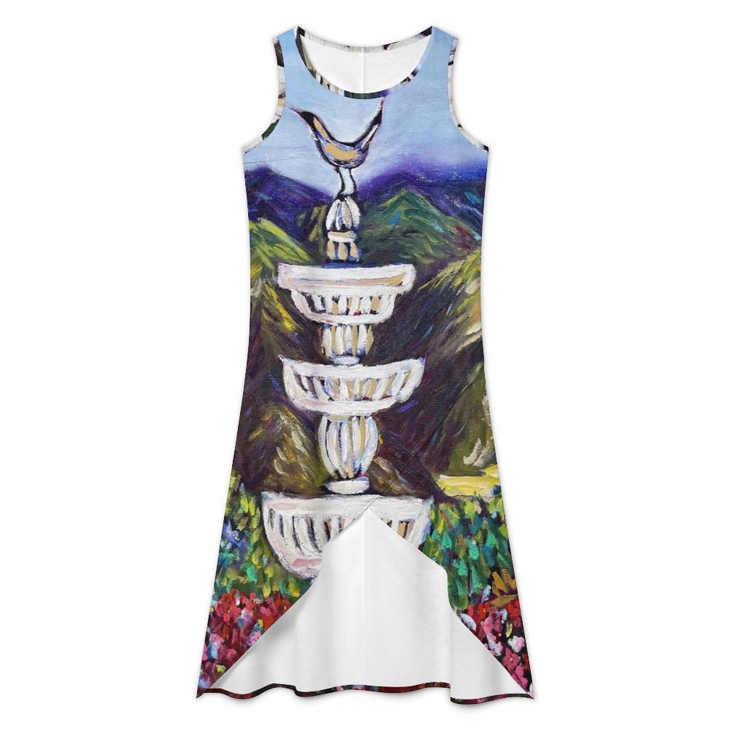 Fountain Vista at GBV Asymmetrical Dress with Mocking Bird Sleeveless High-Low Hem Dress
