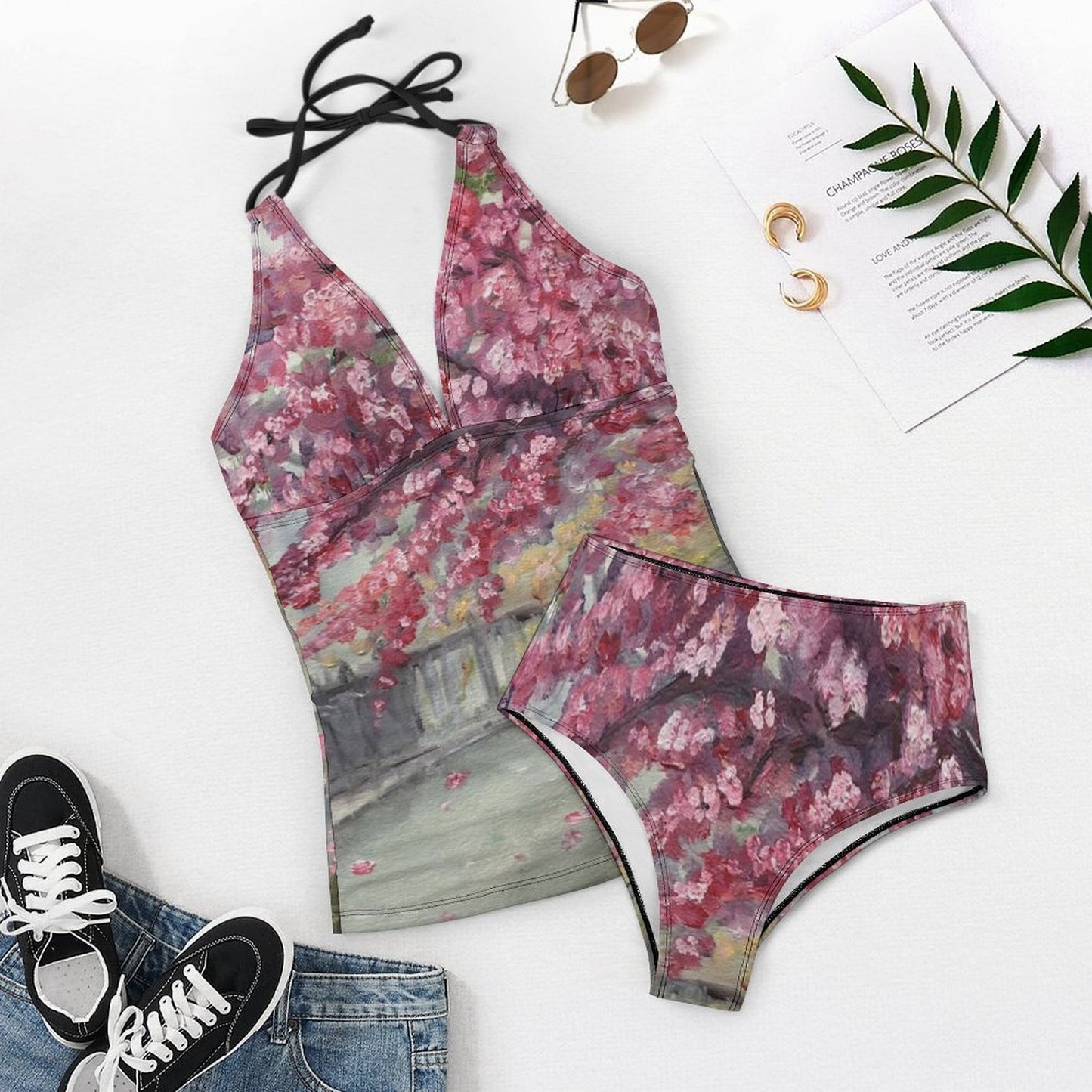 April in Paris Cherry Blossoms Slim Fit Tankini Split Swimsuit