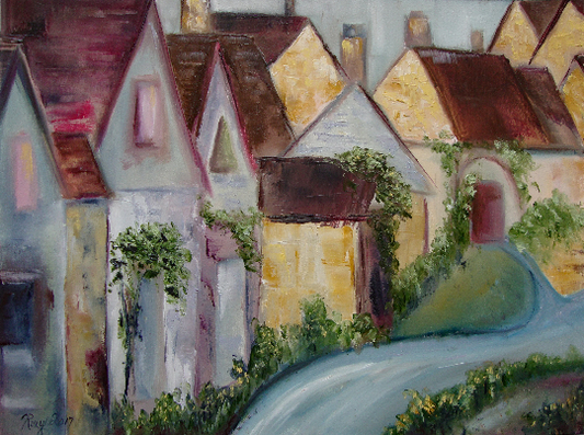 Arlington Row Bibury-Original Cotswold Pintura al óleo enmarcada