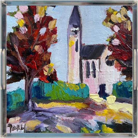 Petite église sur une colline Plateau Acrylique Carré