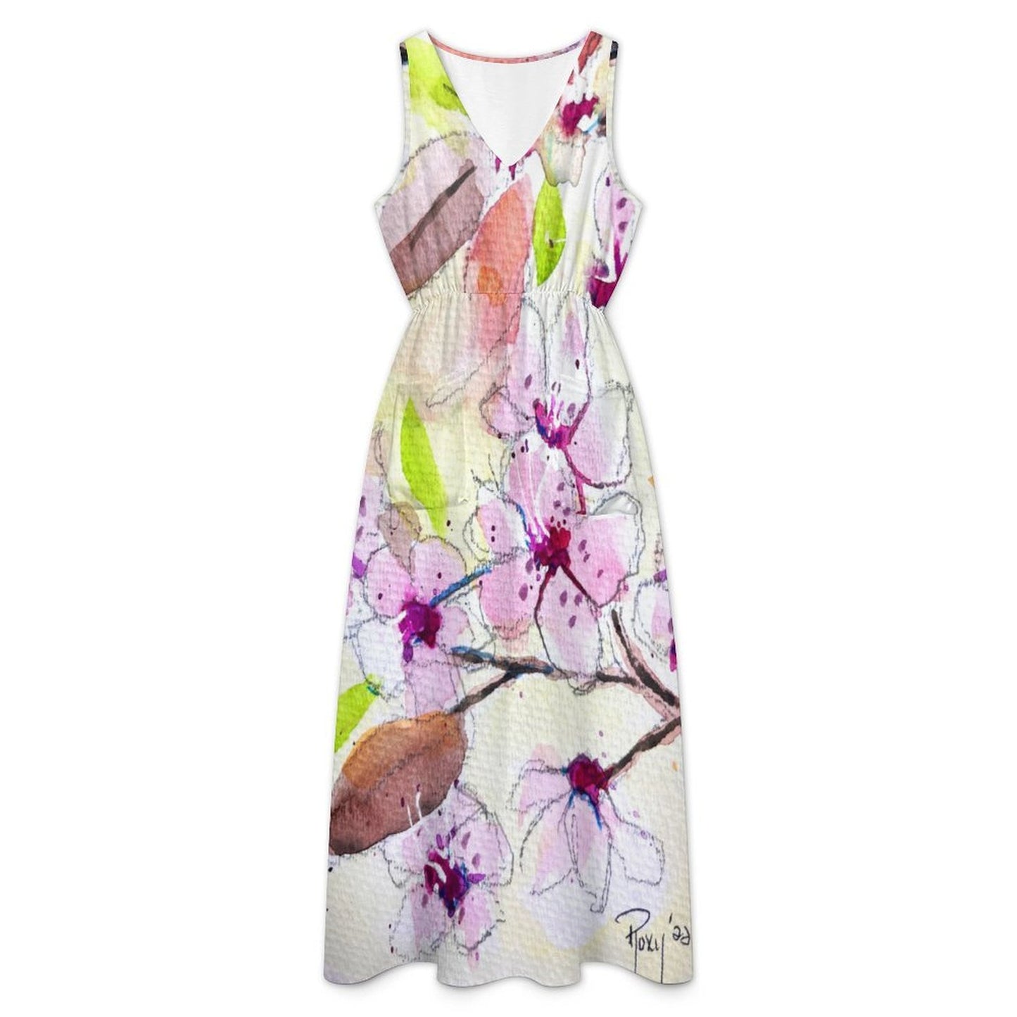 Women's Sleeveless V-neck Midi Dress with pockets-Light Cherry Blossoms