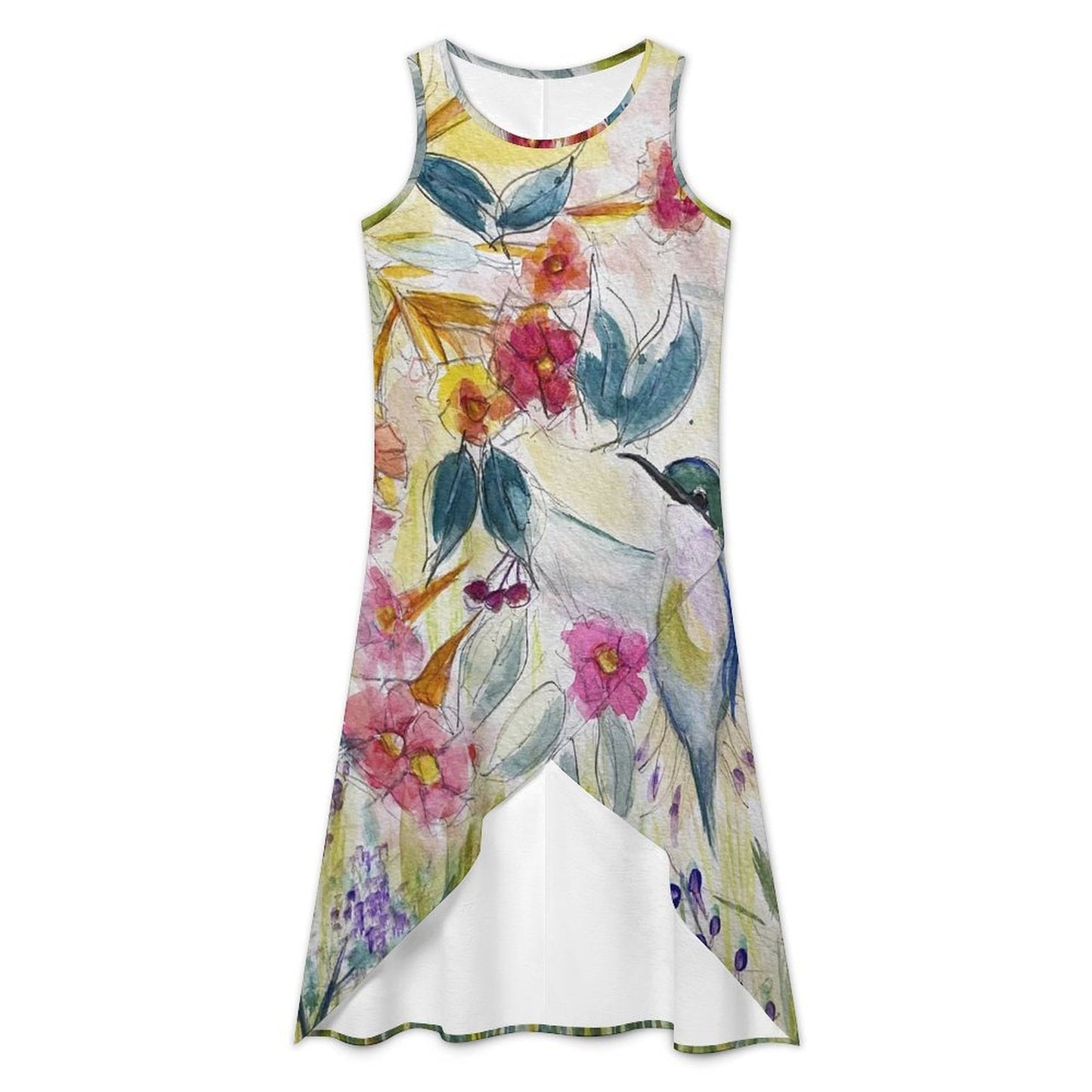 Hummingbird in a Tube Flower Garden Asymmetrical Dress Sleeveless High-Low Hem Dress