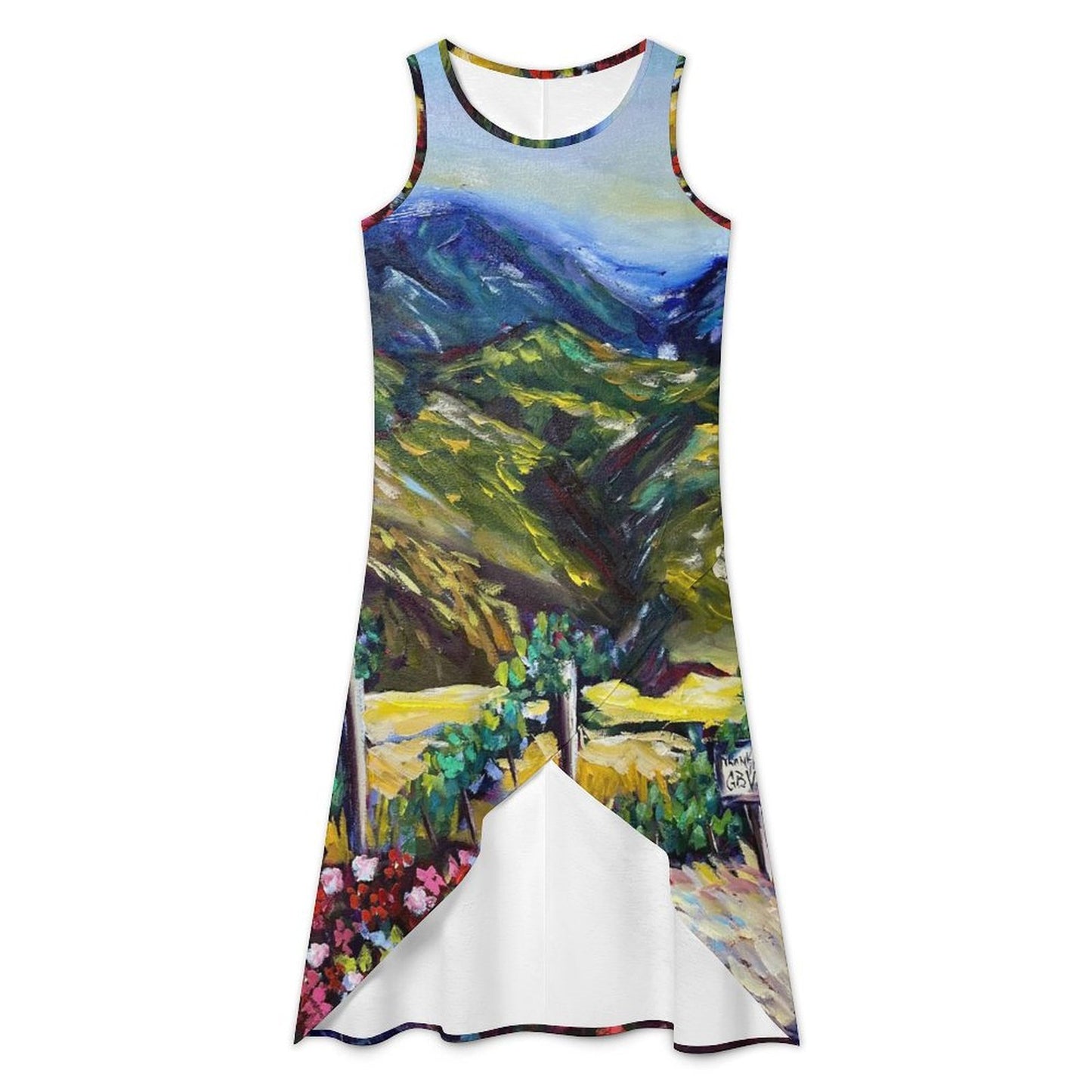 Fountain Vista at GBV #2 with GBV sign and Mountains Sleeveless High-Low Hem Dress