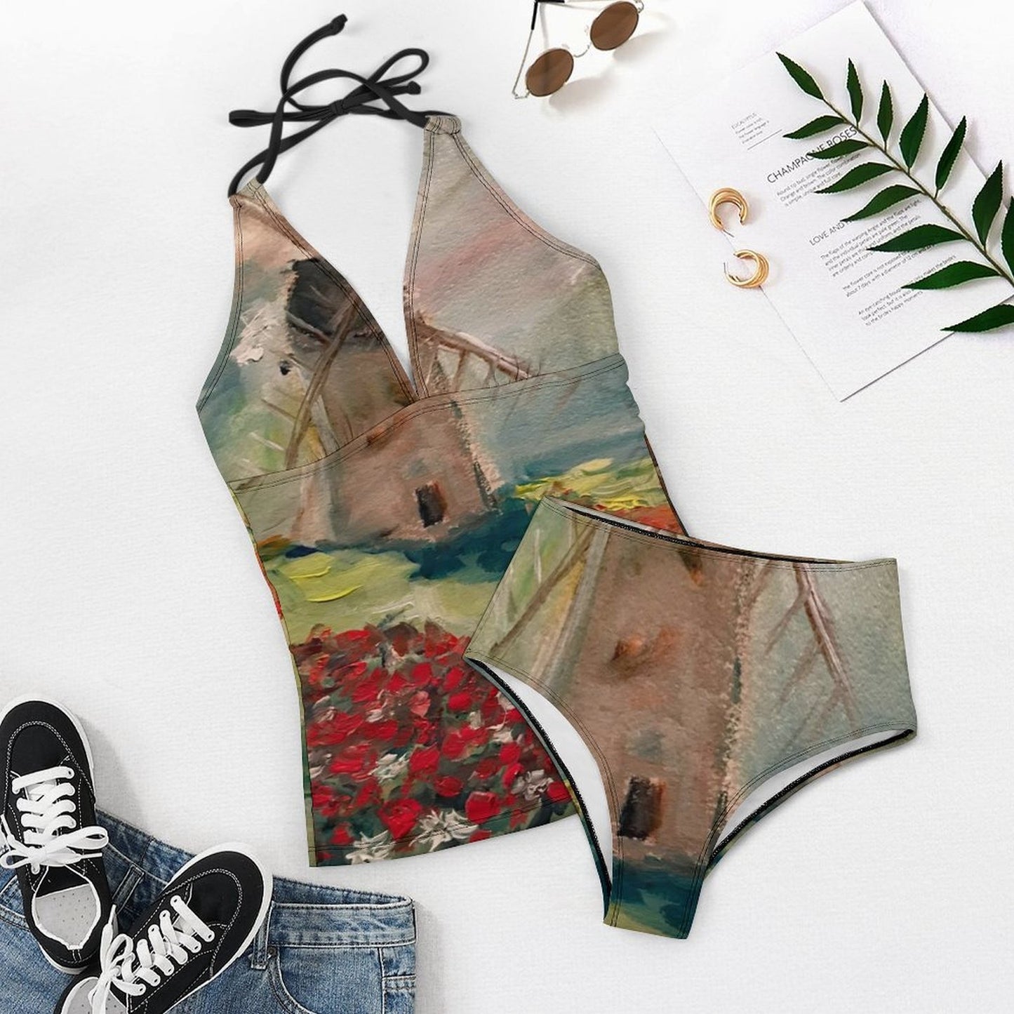 Windmill in a Poppy Field Slim Fit Tankini Split Swimsuit