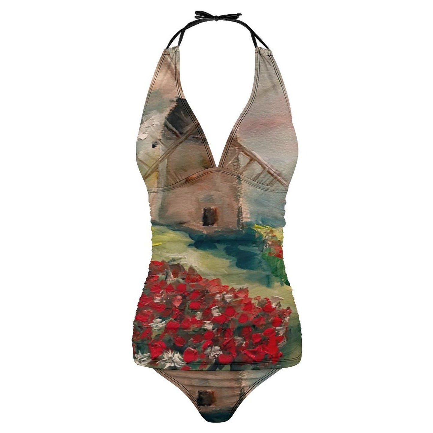 Windmill in a Poppy Field Slim Fit Tankini Split Swimsuit