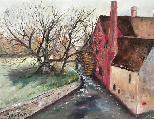 Le vieux moulin à Lower Slaughter-Peinture à l’huile originale des Cotswolds encadrée