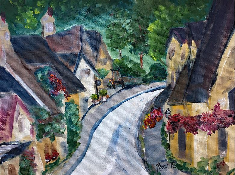 Castle Combe (Cotswolds) View from the Town Center Landscape-Original Oil Painting Framed