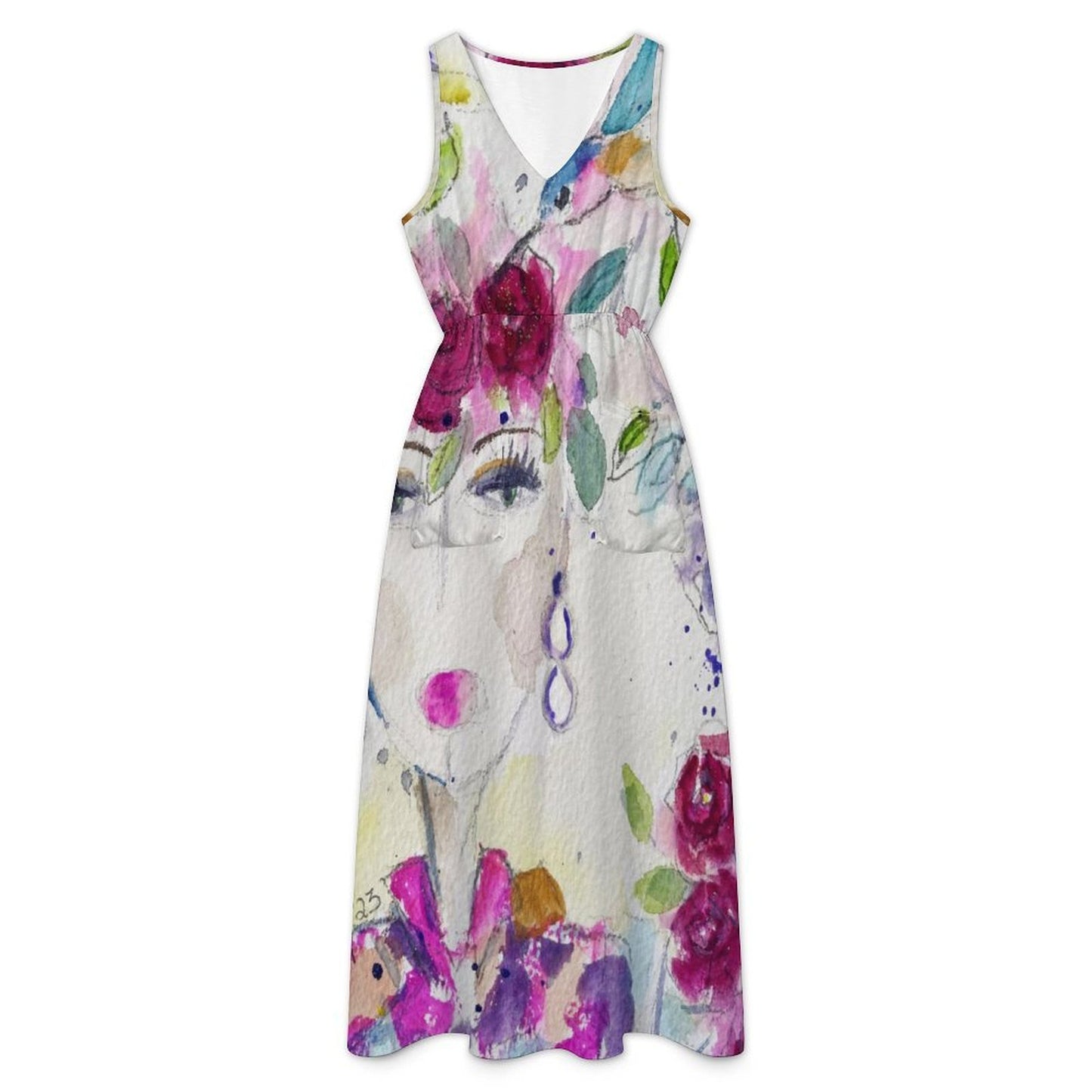 Women's Sleeveless V-neck Midi Dress with Pockets-Haute Couture Hummingbird