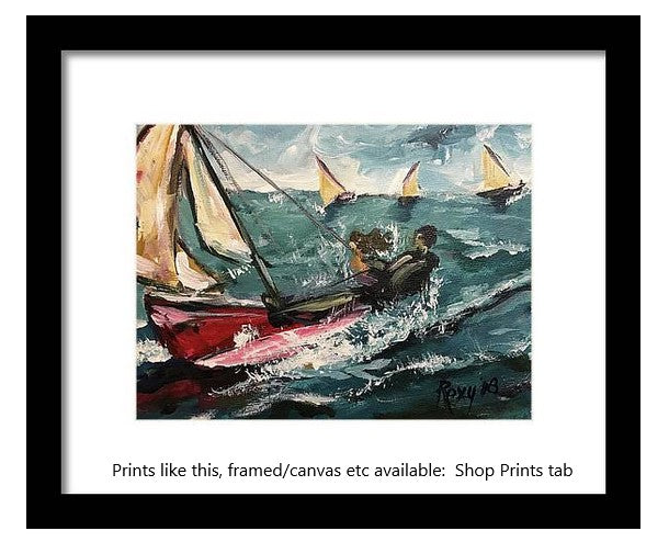 Cat Sailing-Peinture acrylique originale-6 x 8 encadrée