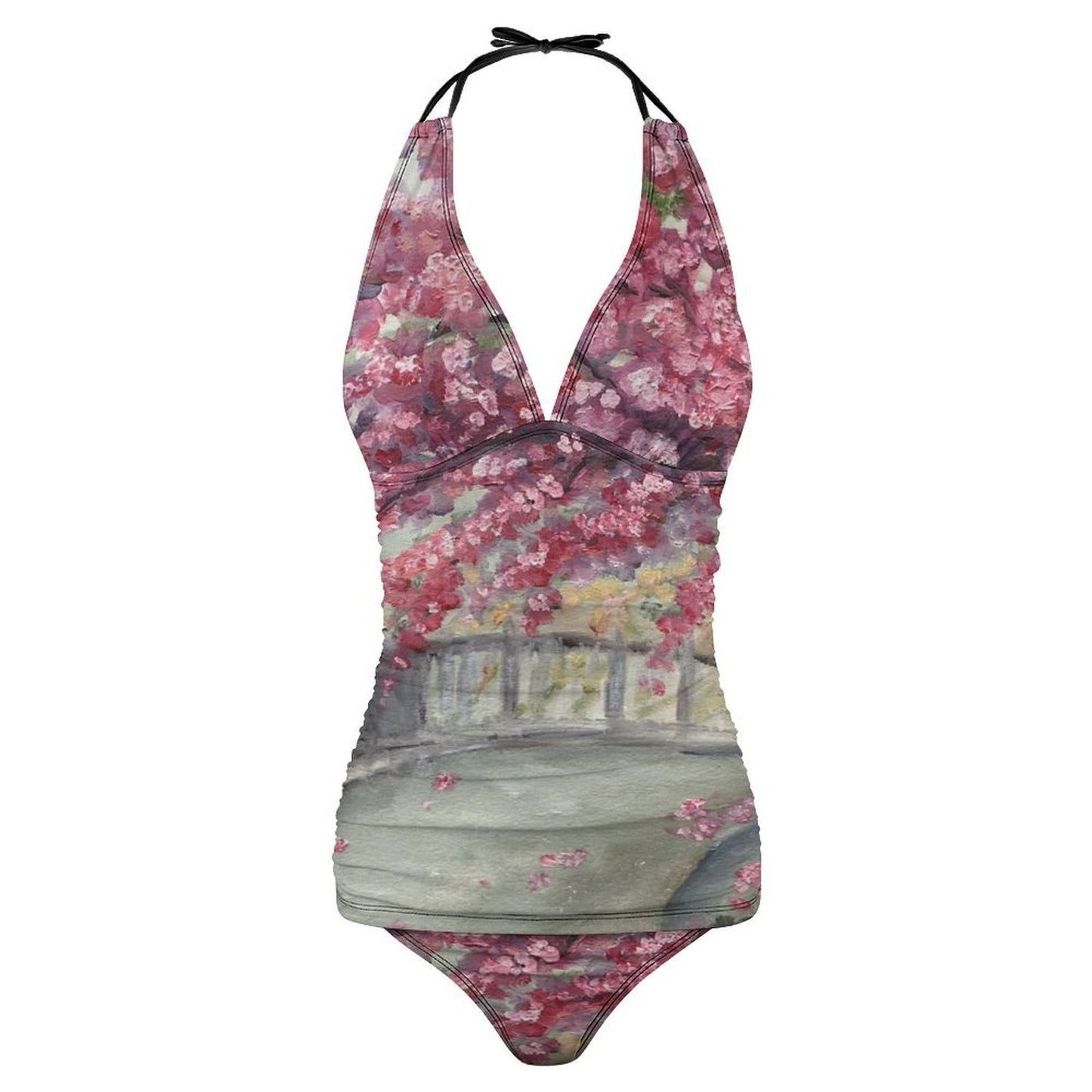 April in Paris Cherry Blossoms Slim Fit Tankini Split Swimsuit