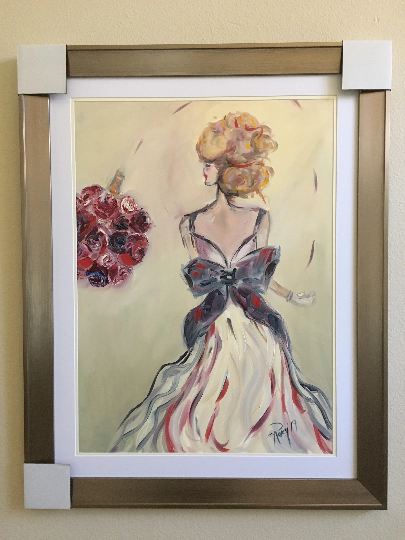Who's Next? Original Bride Throwing Bouquet Oil Painting Framed