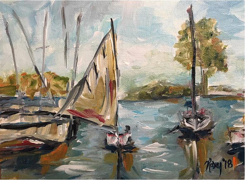 Harbor Sail-Peinture acrylique originale-6 x 8 Encadré