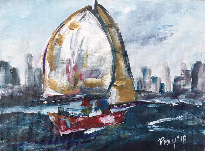 Hudson Sail-Peinture acrylique originale-6 x 8 encadrée