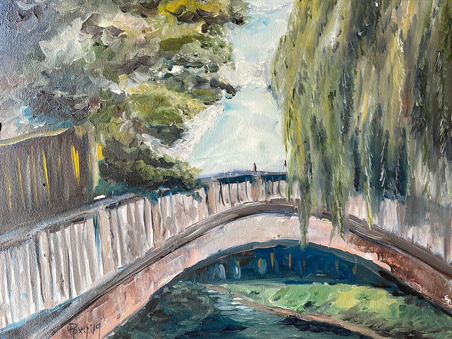 Le pont vers Dorking-Peinture à l’huile originale encadrée