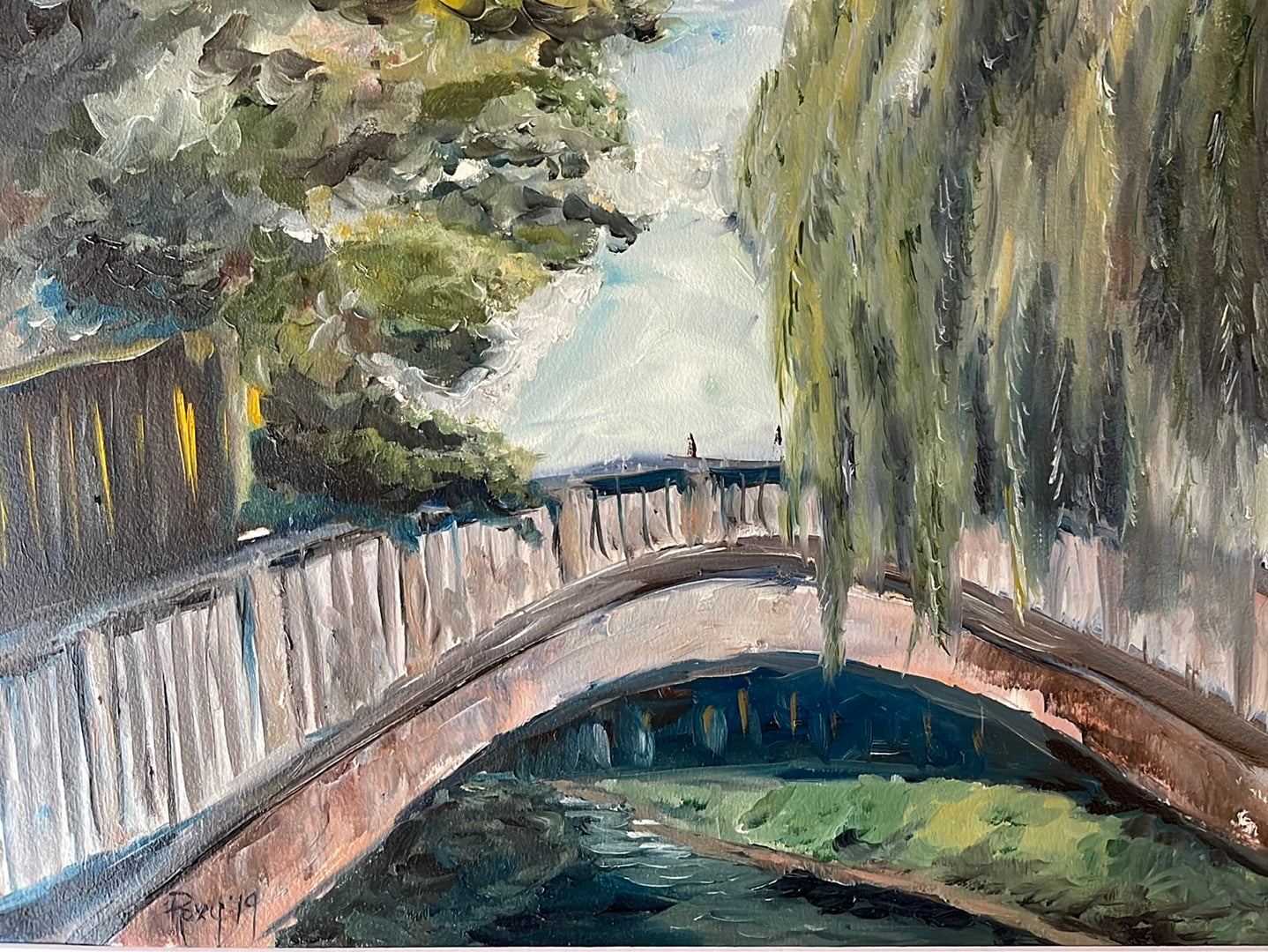 El puente a Dorking-pintura al óleo original enmarcada