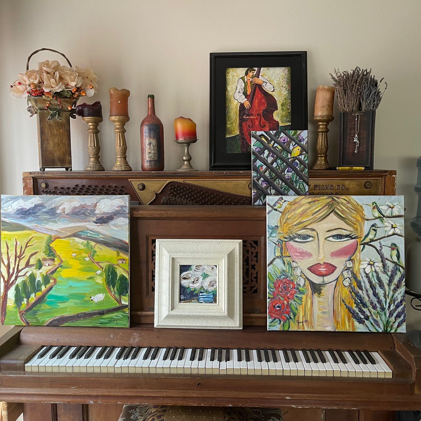 Roses blanches-Peinture à l’huile de roses blanches abstraites modernes originales encadrées