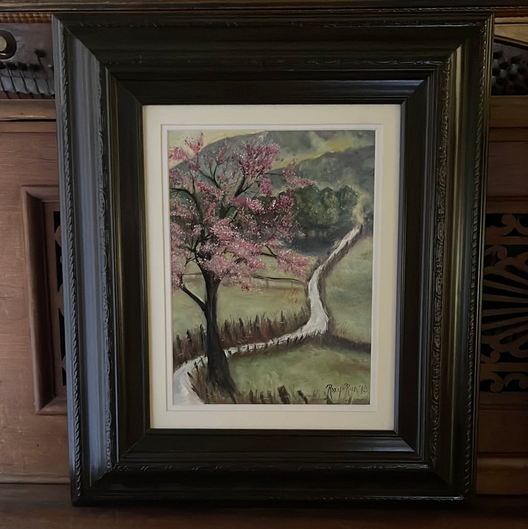 Amazing Huge vintage landscape oil painting, spring landscape, country deals house, flowering Cherry trees, English cottage, framed, signed