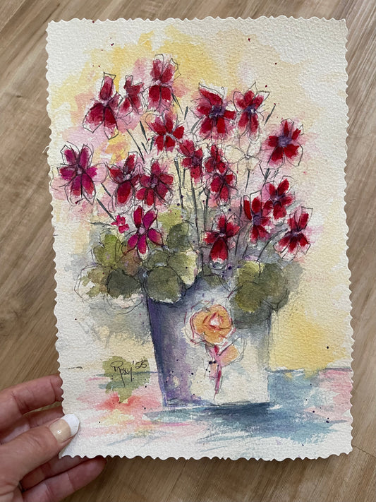 Red Ivy Geraniums- Original Watercolor Painting