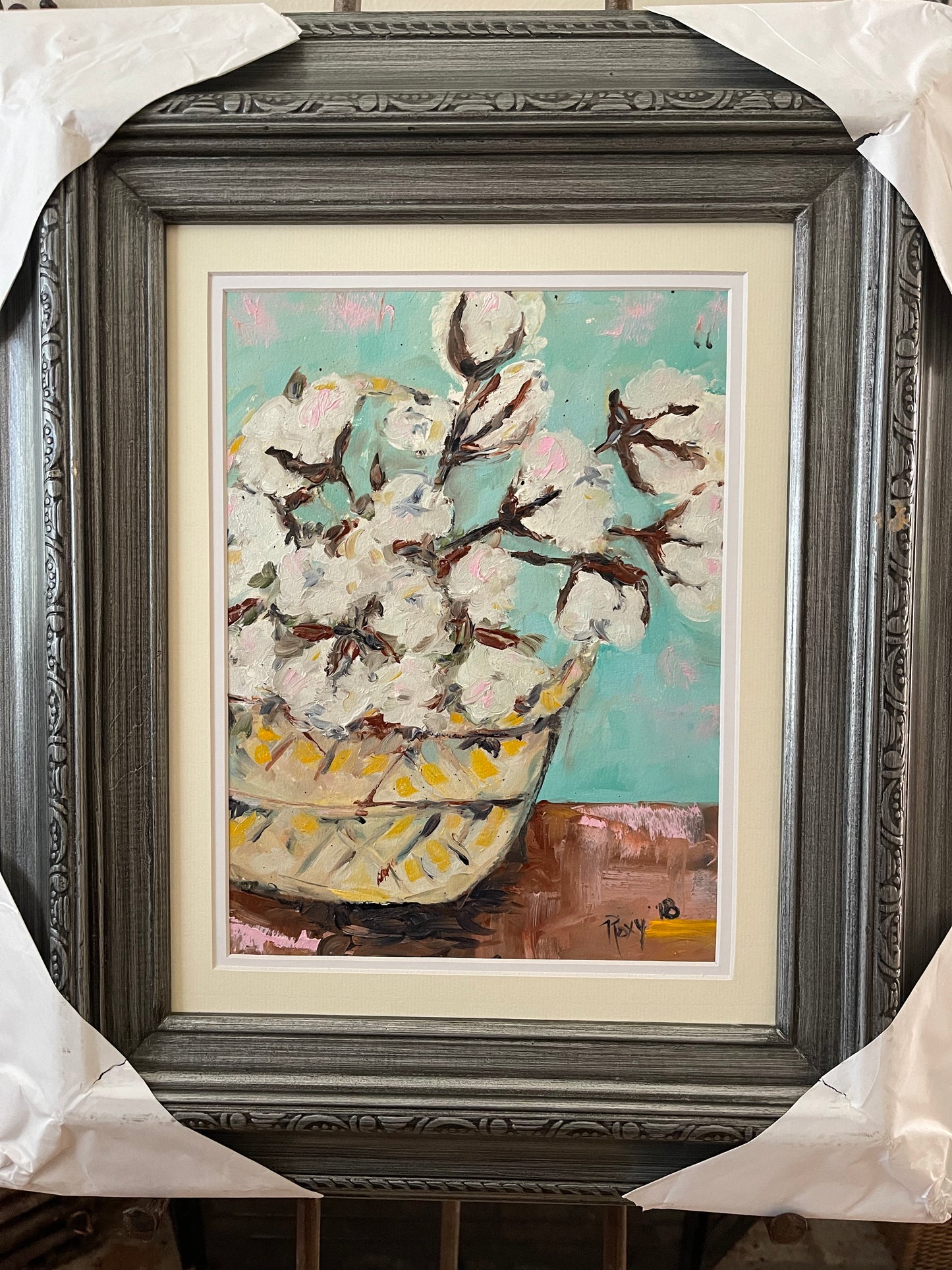 Cotton in a Basket -Original Oil Painting Framed