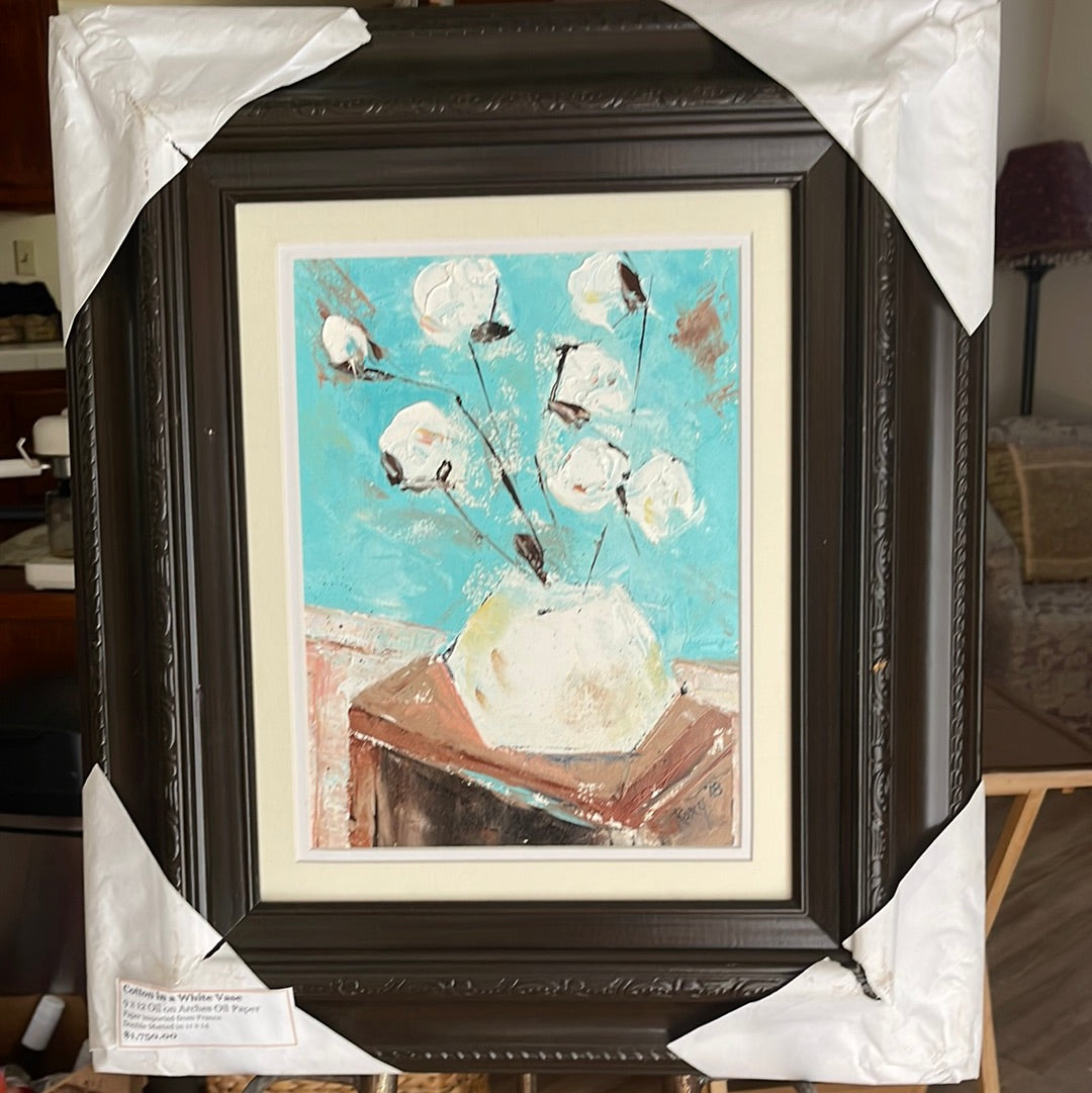 Cotton in a White Vase- Oil Painting Framed